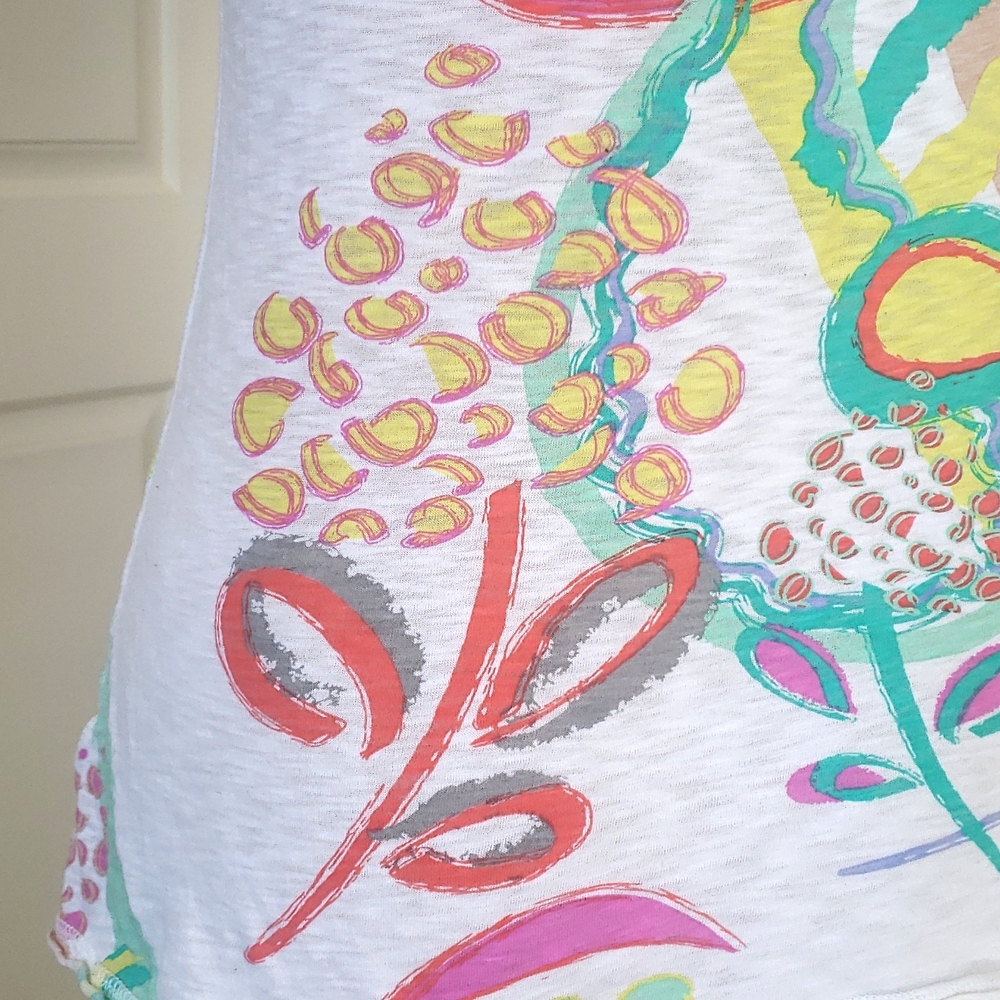 Fresh Produce Colorful Abstract Cotton Scoop‑Neck Top White Yellow Aqua • SMALL - Picture 9 of 14
